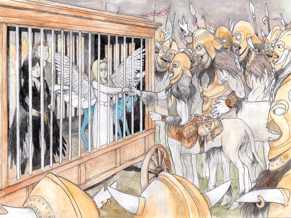 Armored centaurs look at a cart-cage that imprisions a woman with black wings and long black hair, a woman with white wings and long blonde hair, a man, and a blue fawn. One centaur reaches to the cage and touches the white-winged womans hand.